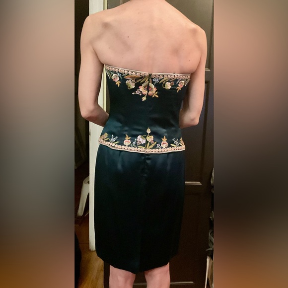 Sue Wong 100% 4 Silk Emerald Teal Strapless Embroidered Peplum Evening Dress - Picture 10 of 12